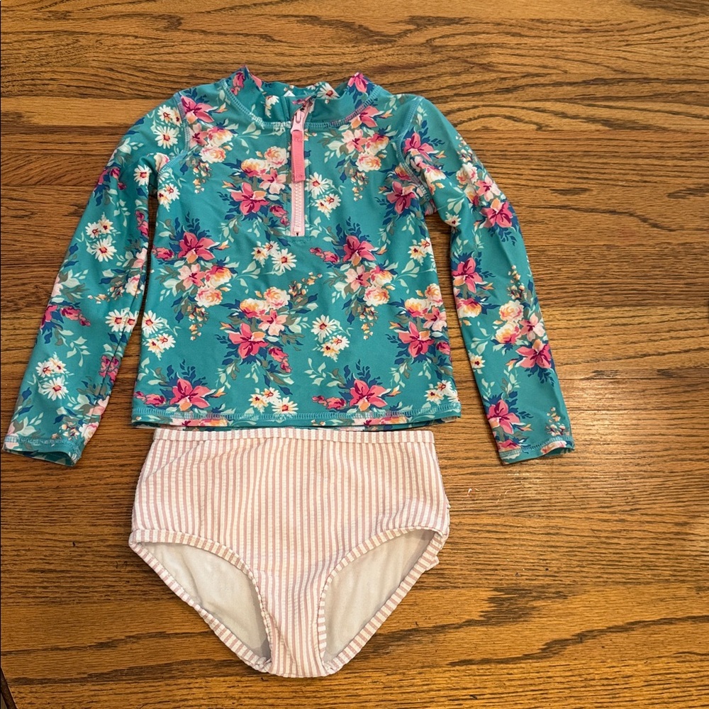 Ruffle Butts 4T Kids Floral Teal Long-Sleeve Rash Guard Swimsuit Set